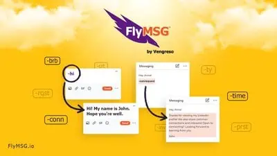 FlyMSG is a Chrome browser extension that combines an AI writing assistant, text expander, and LinkedIn engagement tool built for sales and recruiting