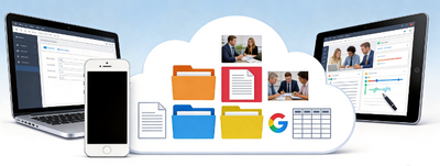 Google Drive files and folders in a cloud, synced across a laptop, phone and tablet