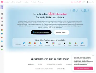 Full Immersive Translate German homepage with German body copy, an English top navigation and a corrupted German cookie notice reading Ihrem Ger?t
