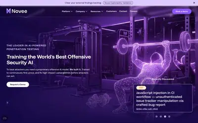 Novee homepage presenting its AI-powered penetration testing platform with a recently discovered high-severity finding