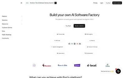 Port homepage showing its AI software factory platform with the skills registry, MCP hub and governance modules