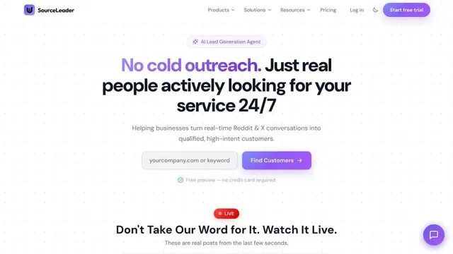 SourceLeader.com homepage with main value proposition and interface