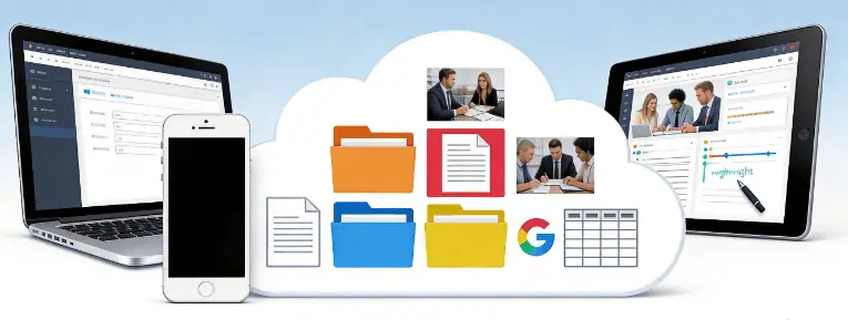 Google Drive files and folders in a cloud, synced across a laptop, phone and tablet