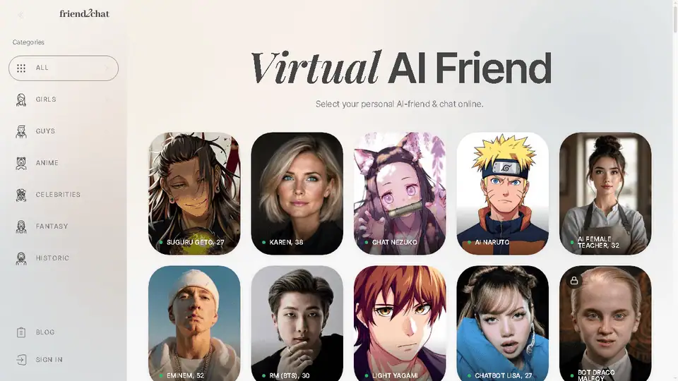Friend2Chat homepage showing AI character catalog with girls, guys, anime, celebrities, fantasy and historic categories