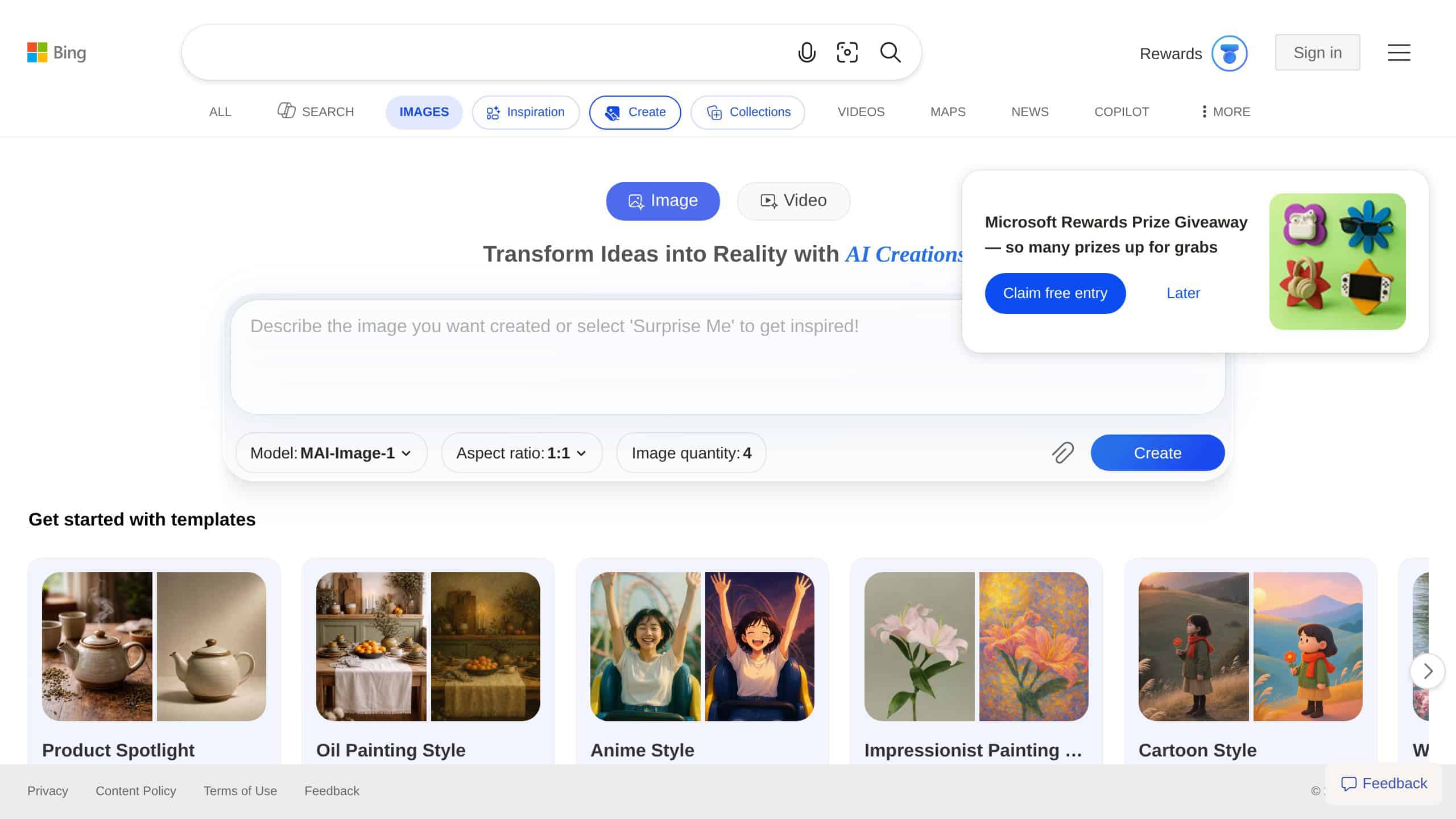 Microsoft Designer image creator with DALL-E 3 prompt interface