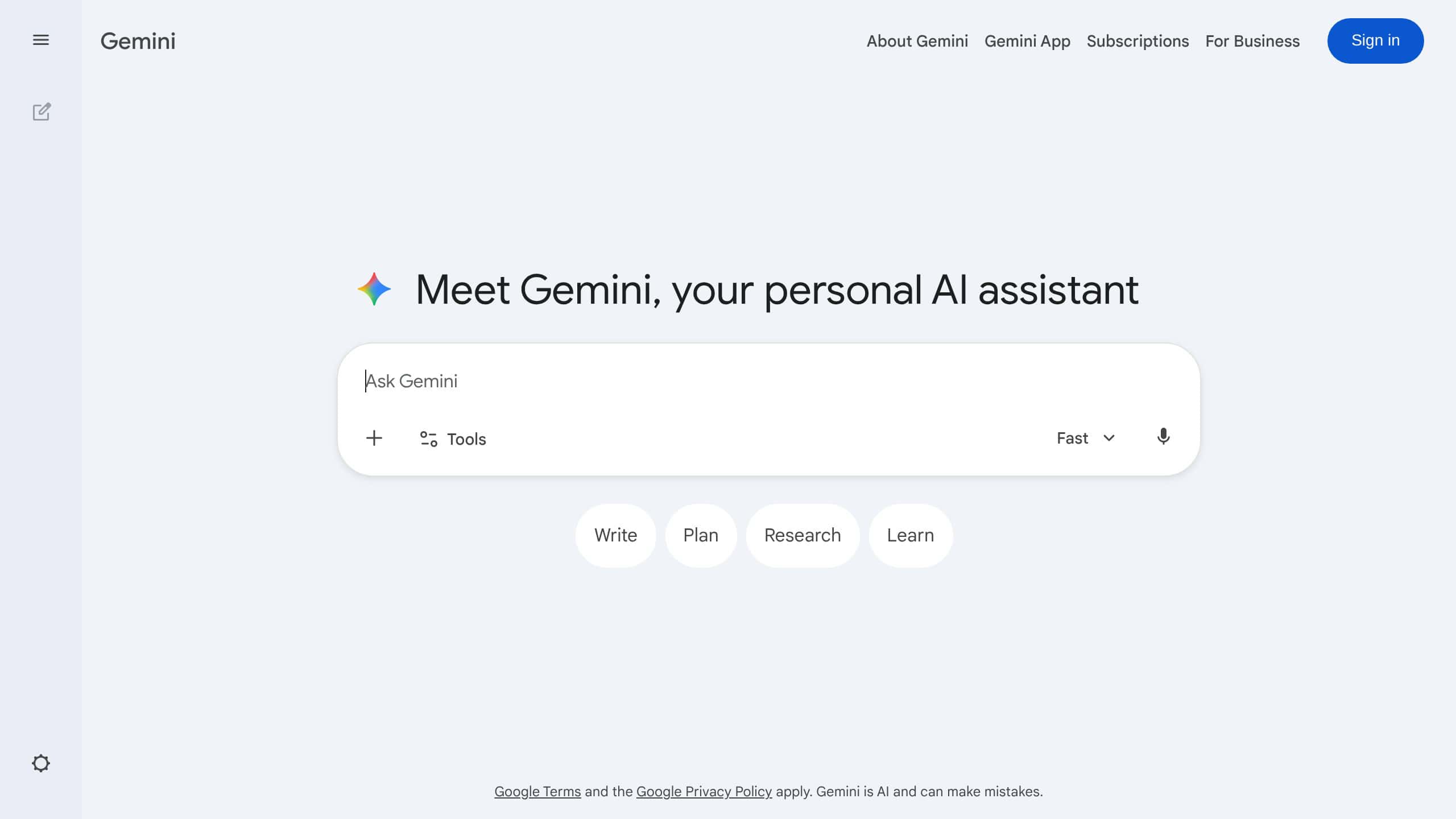 Google Gemini homepage with AI image generation interface