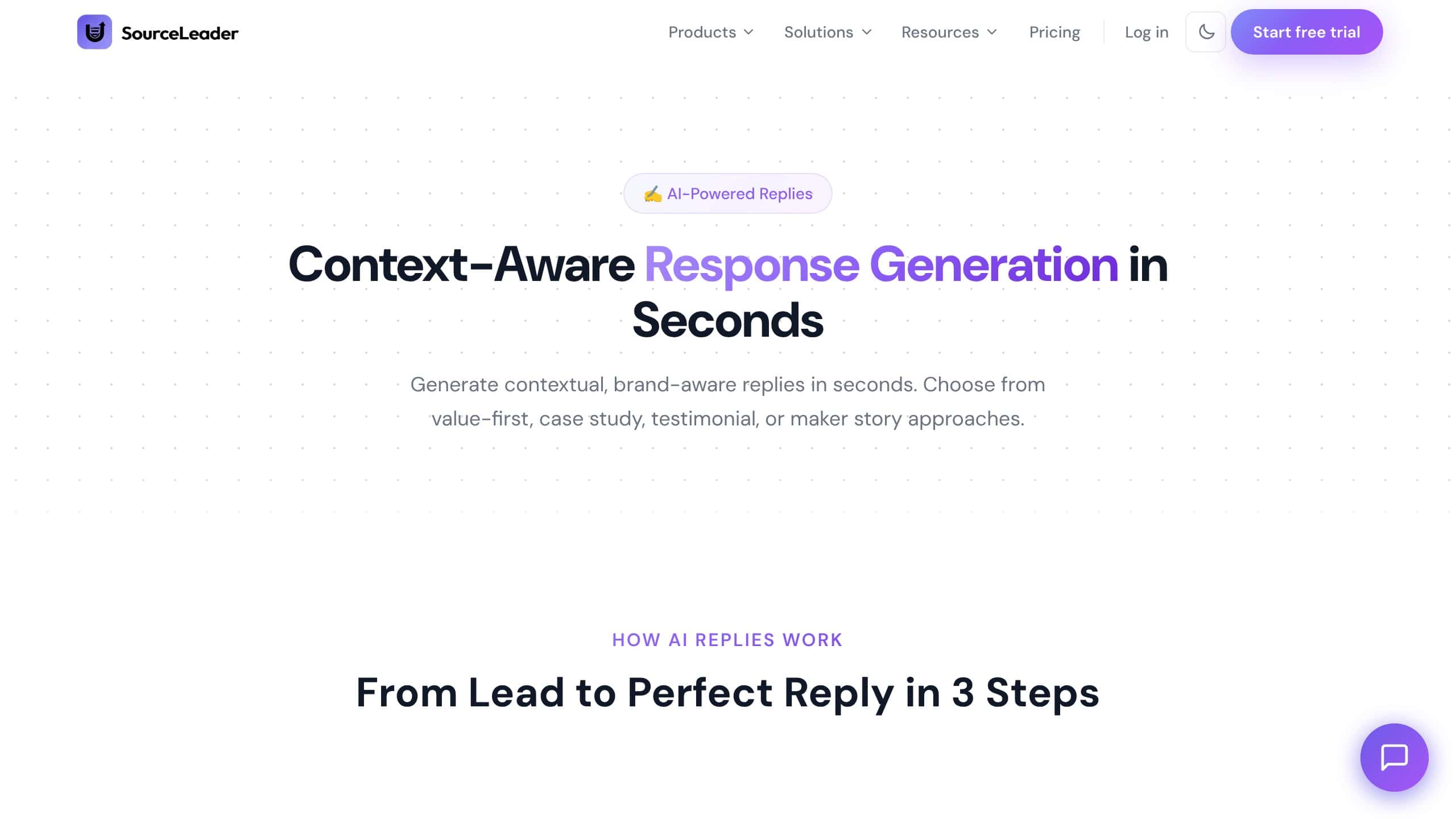 SourceLeader AI Replies feature page with reply style options