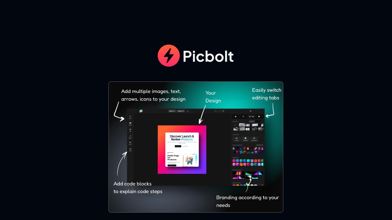 Picbolt is a browser-based design tool from developer Sohail Hussain that converts URLs, screenshots, and uploaded images into polished device mockups