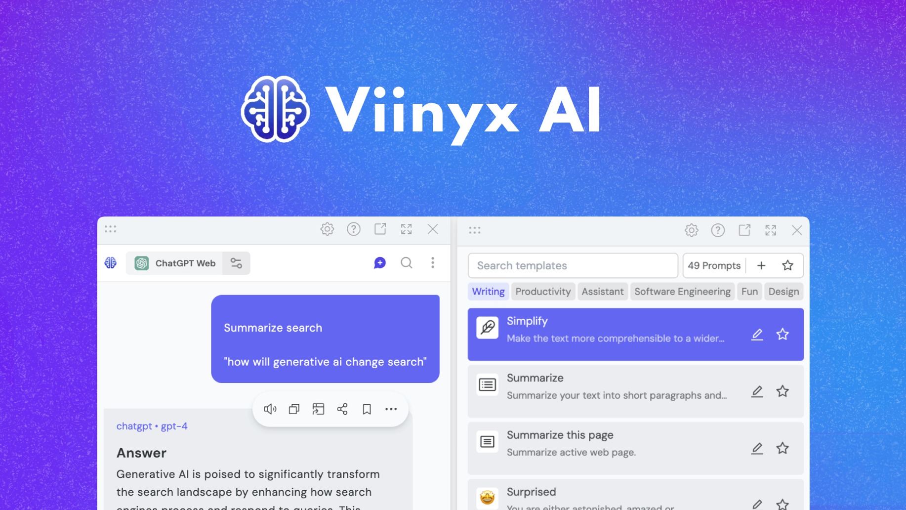 Viinyx is an all-in-one AI browser extension for Chrome and Edge that puts multiple AI models, page and video summaries, image generation, and PDF cha