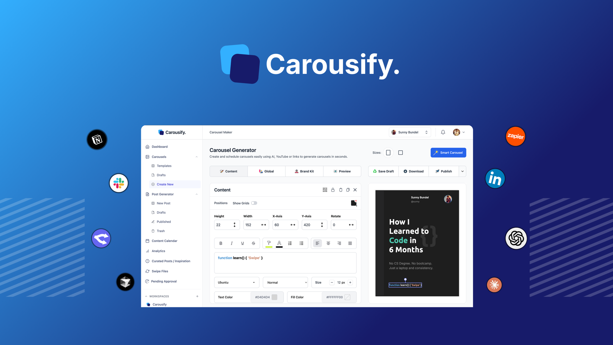 Carousify is an AI-powered LinkedIn carousel and post creator that schedules content, builds branded carousels, and turns YouTube videos or PDFs into