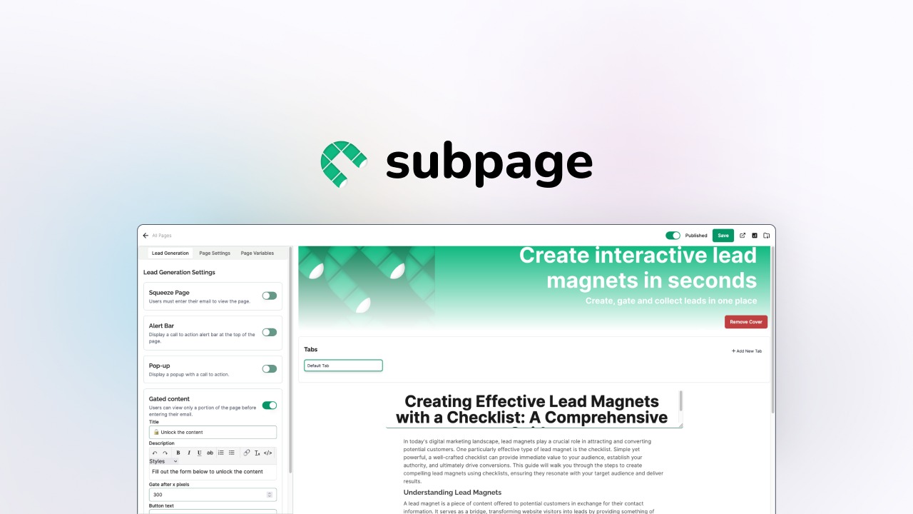 Subpage is a no-code tool for building, gating, and collecting leads from interactive content-led lead magnet pages, now with AI page generation.