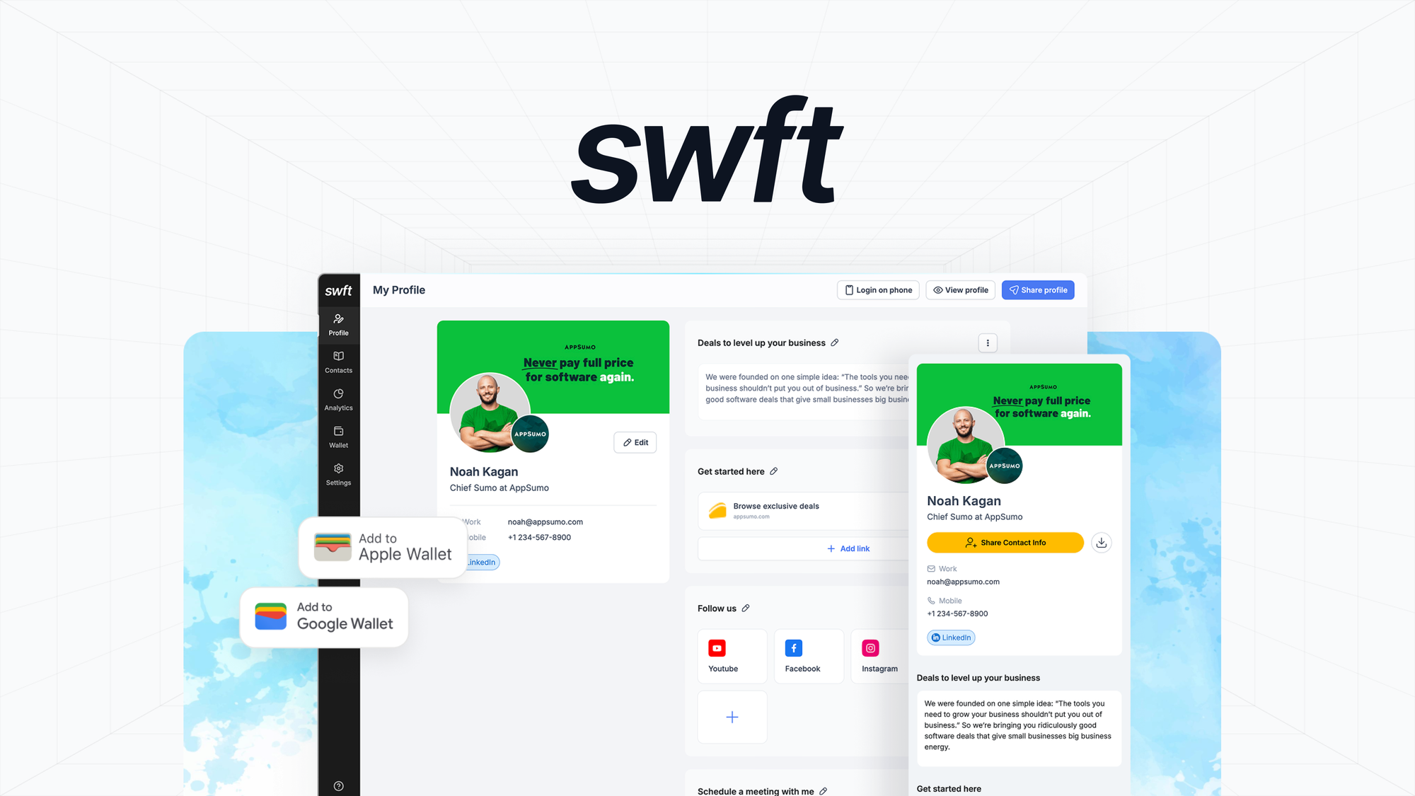 SWFT Connect is a digital business card and lead-capture platform that shares contact details, social links, and CTAs through QR codes, NFC cards, App