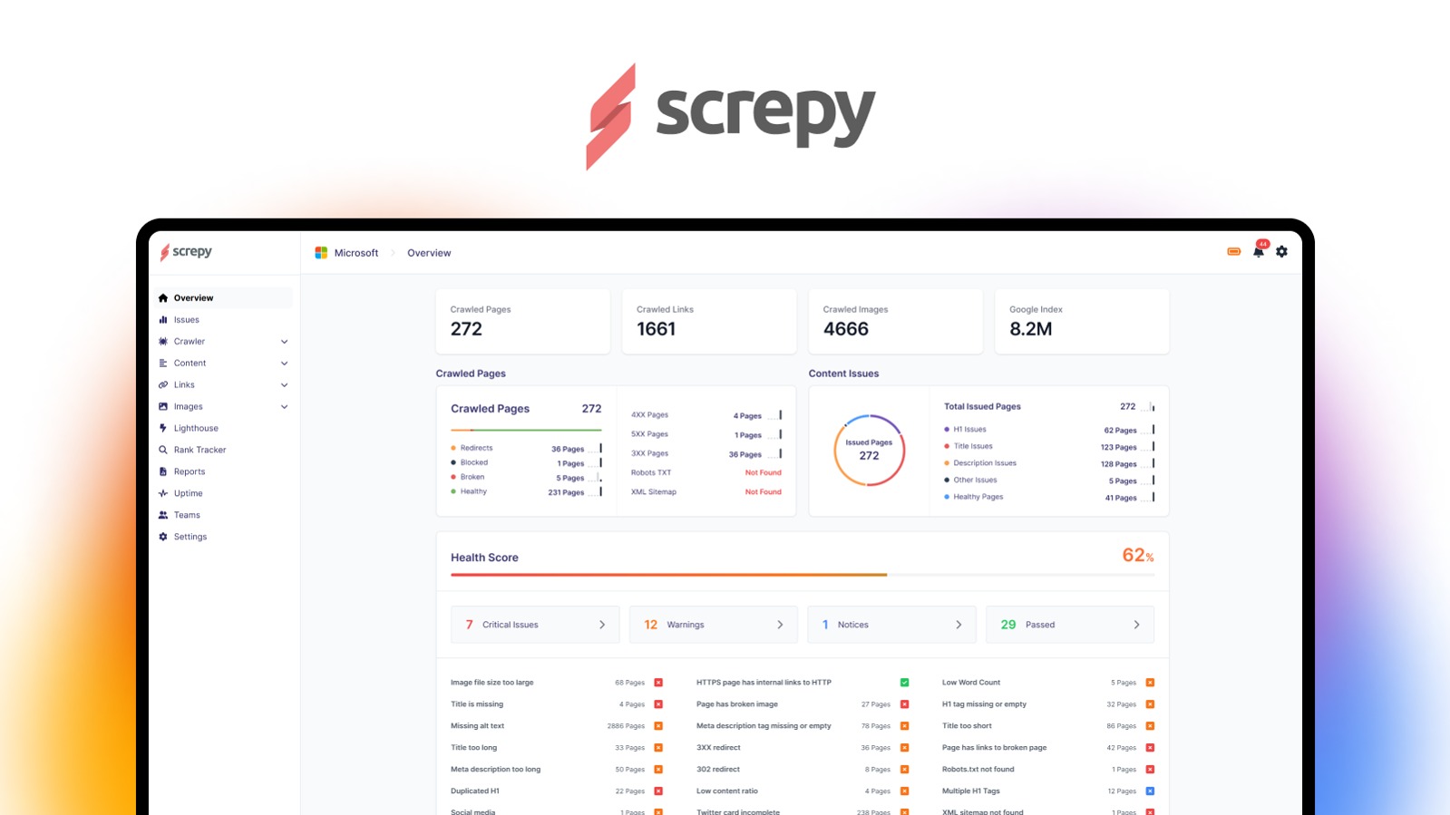 Screpy is an AI-assisted SEO and website monitoring platform that combines technical audits, keyword rank tracking, page speed checks, and uptime aler