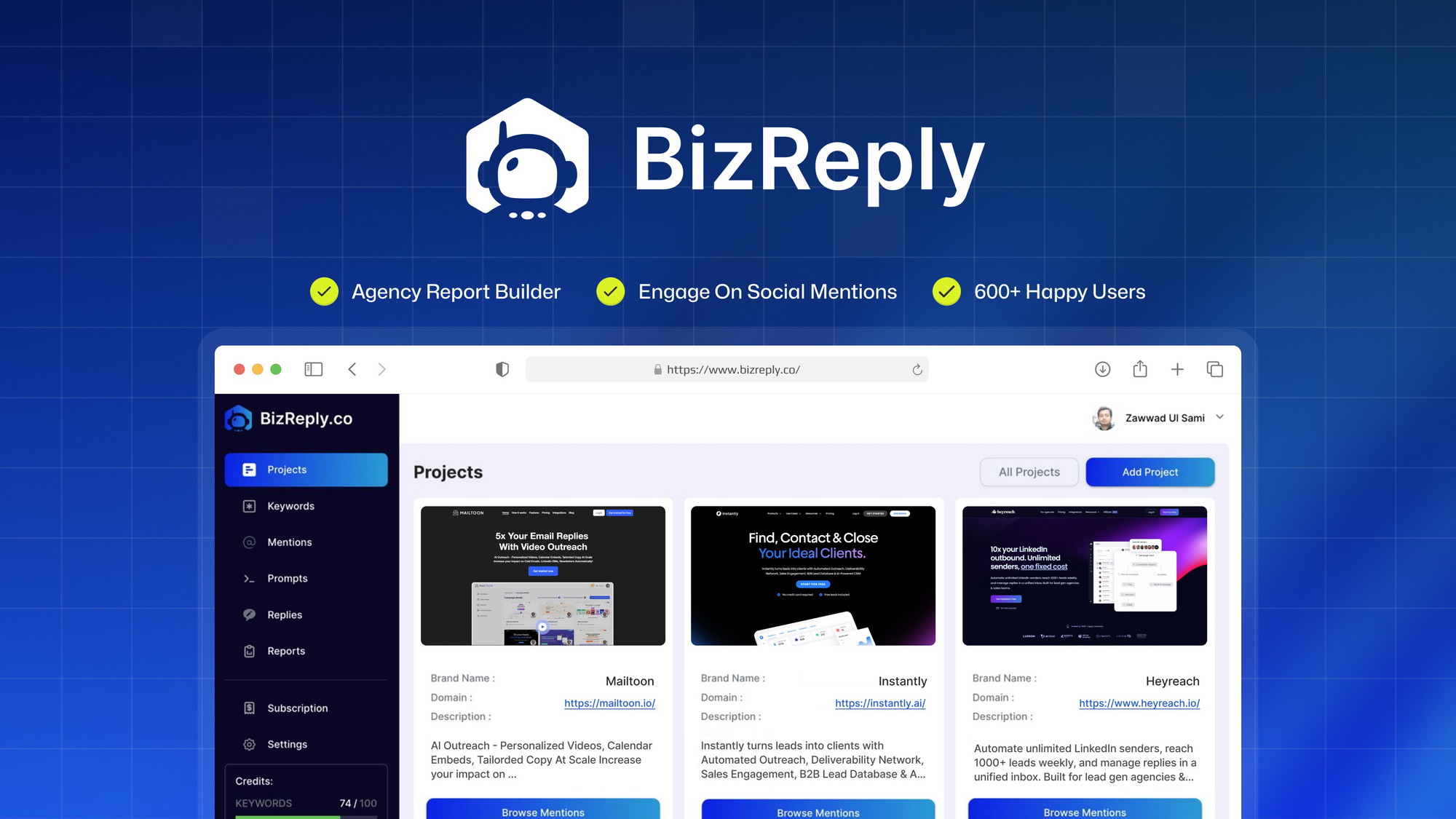 BizReply is an AI social listening tool that finds posts matching your keywords and drafts brand-mention replies across Reddit, X, LinkedIn, and Quora