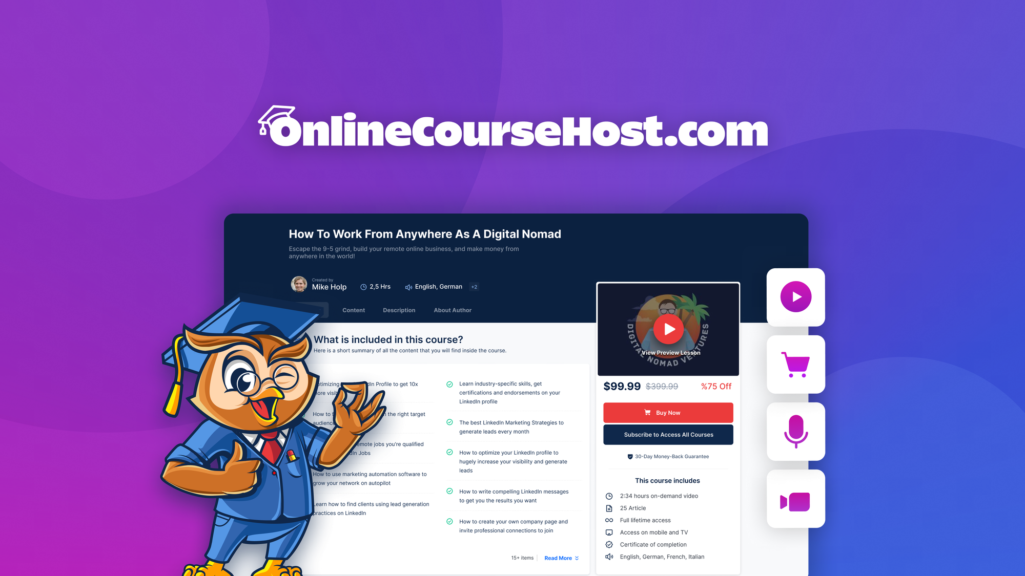 OnlineCourseHost is a white-label course platform that lets creators host, sell, and deliver online courses on a custom domain with AI authoring assis