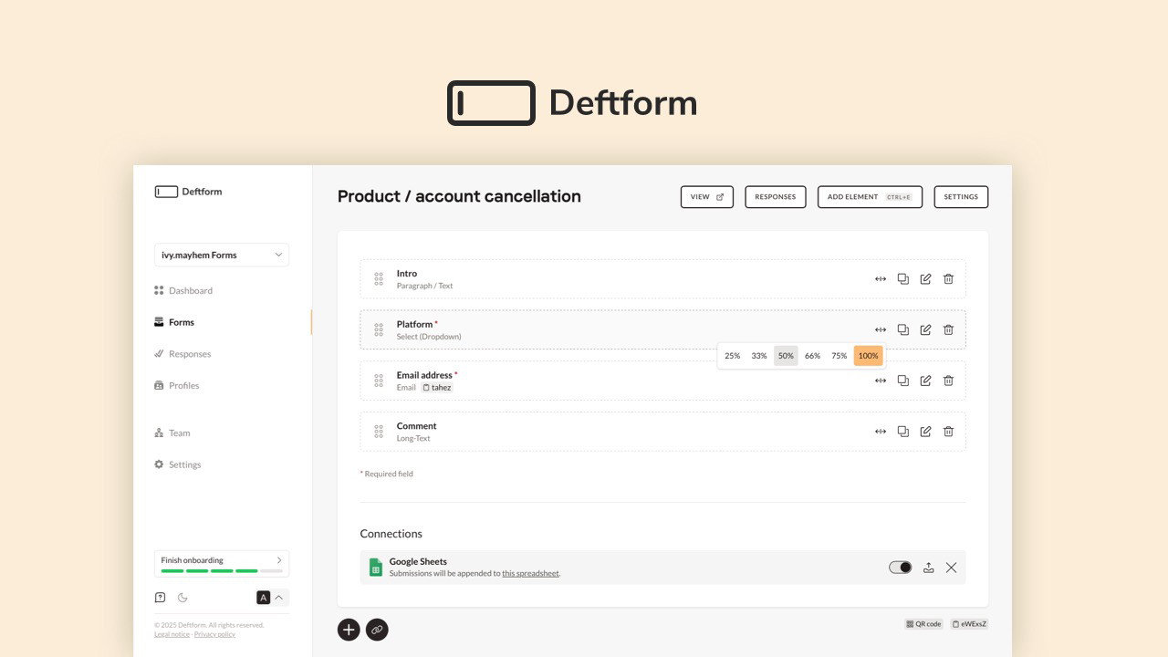 Deftform is a drag-and-drop online form builder with an AI assistant, custom domains, and GDPR-compliant EU hosting for forms, surveys, and lead captu