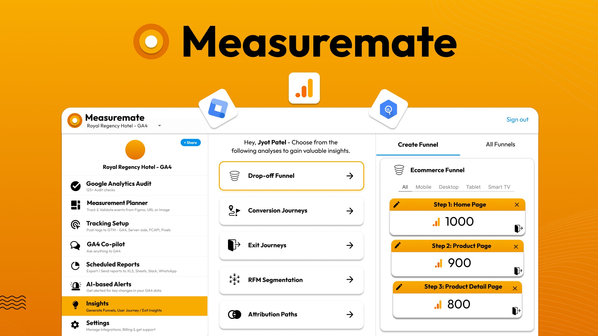 MeasureMate is an AI-powered Google Analytics 4 assistant that automates GA4 audits, GTM tag deployment, BigQuery reporting, and anomaly monitoring fo