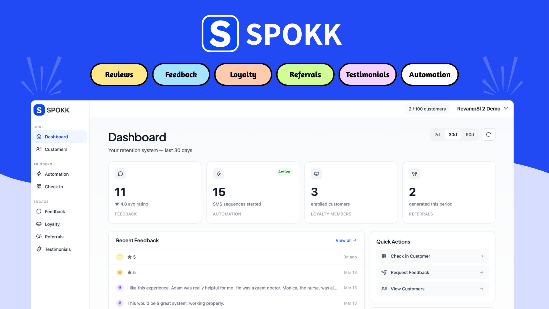 Spokk is an AI customer feedback platform that collects voice, chat, or form responses and drafts ready-to-post five-star reviews with loyalty and ref