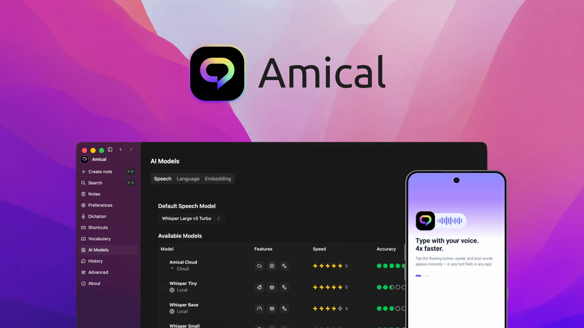Amical is an open-source, local-first AI dictation app that turns speech into context-formatted text inside any application on macOS, Windows, iOS, an
