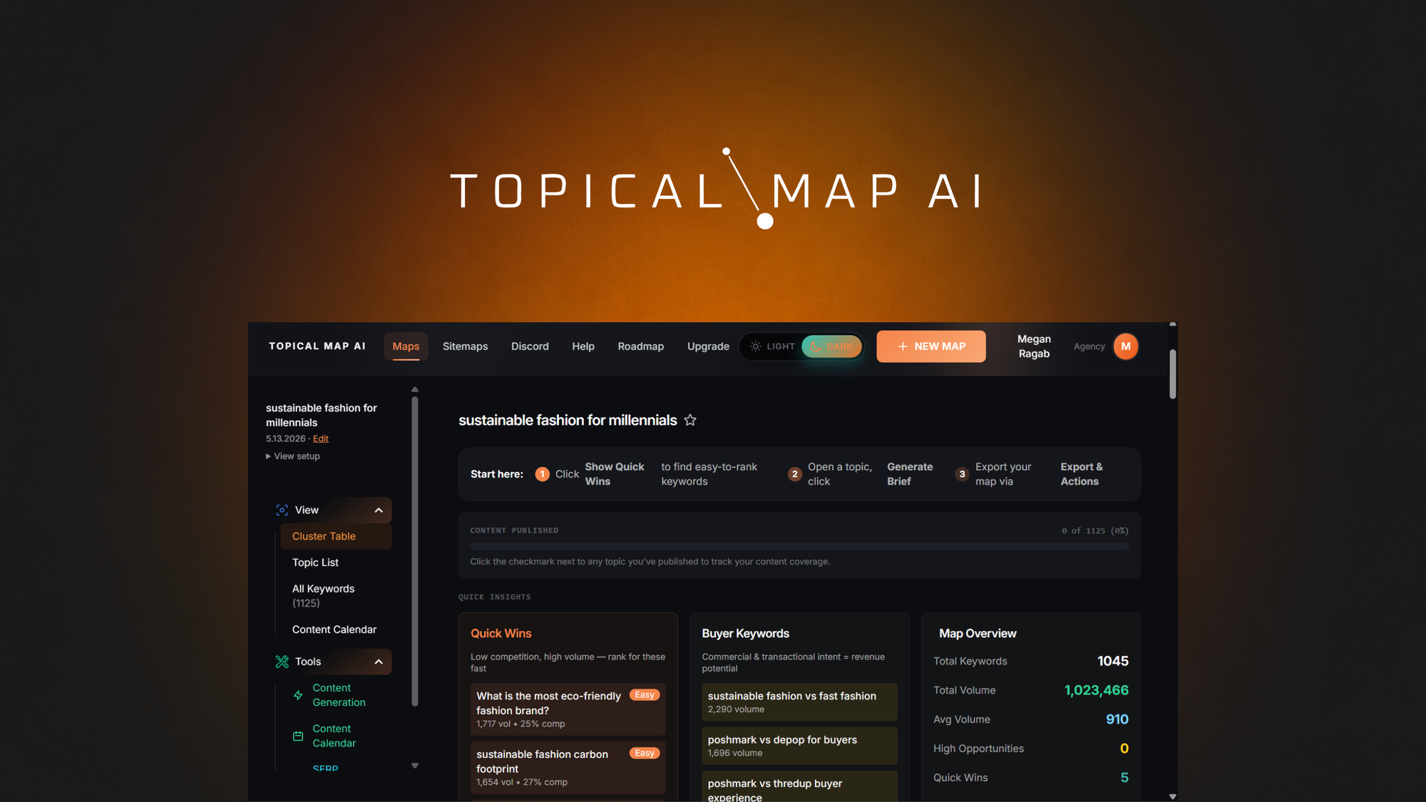 Topical Map AI generates clustered topical authority maps with up to 1,200 keywords and per-cluster content briefs in about 60 seconds using DataForSE