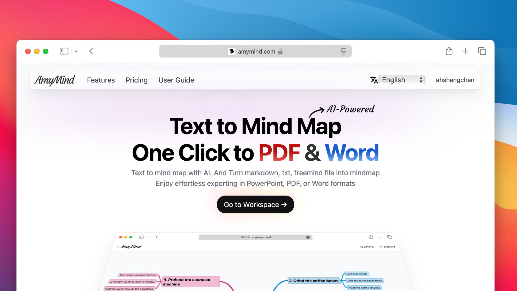 AmyMind is a web-based AI mind mapping tool that converts paragraphs, PDFs, Word docs, Markdown files, and YouTube video transcripts into structured v
