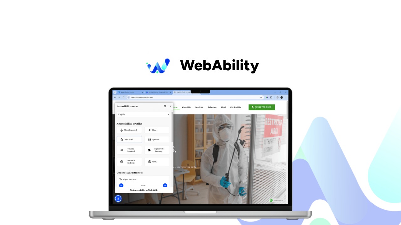 WebAbility.io is an AI-powered accessibility overlay widget that adds WCAG, ADA, and Section 508 user adjustments to a website through a single JavaSc