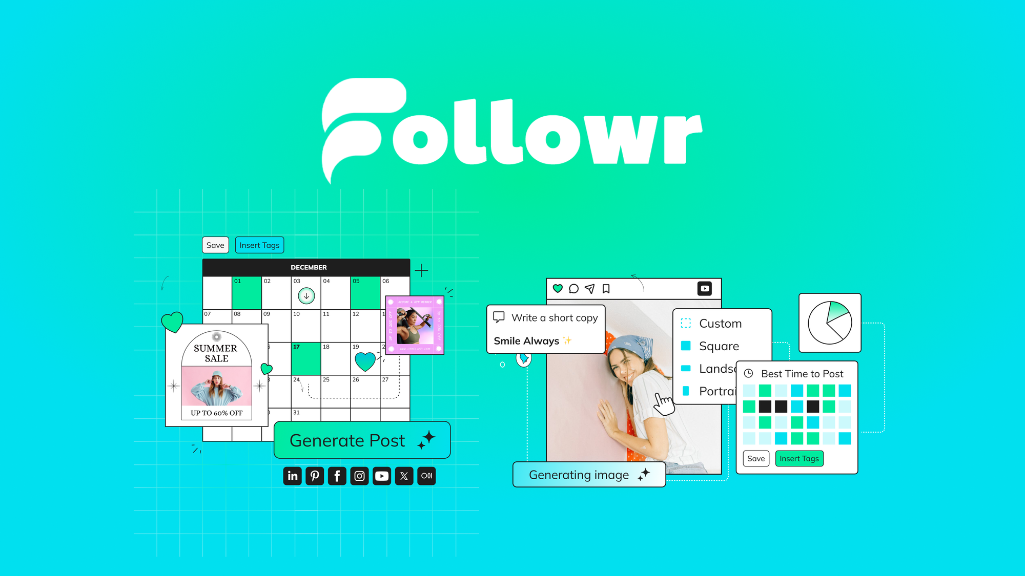 Followr is an AI social media management platform that schedules posts, generates captions and visuals, and runs multi-brand workspaces across 9 netwo