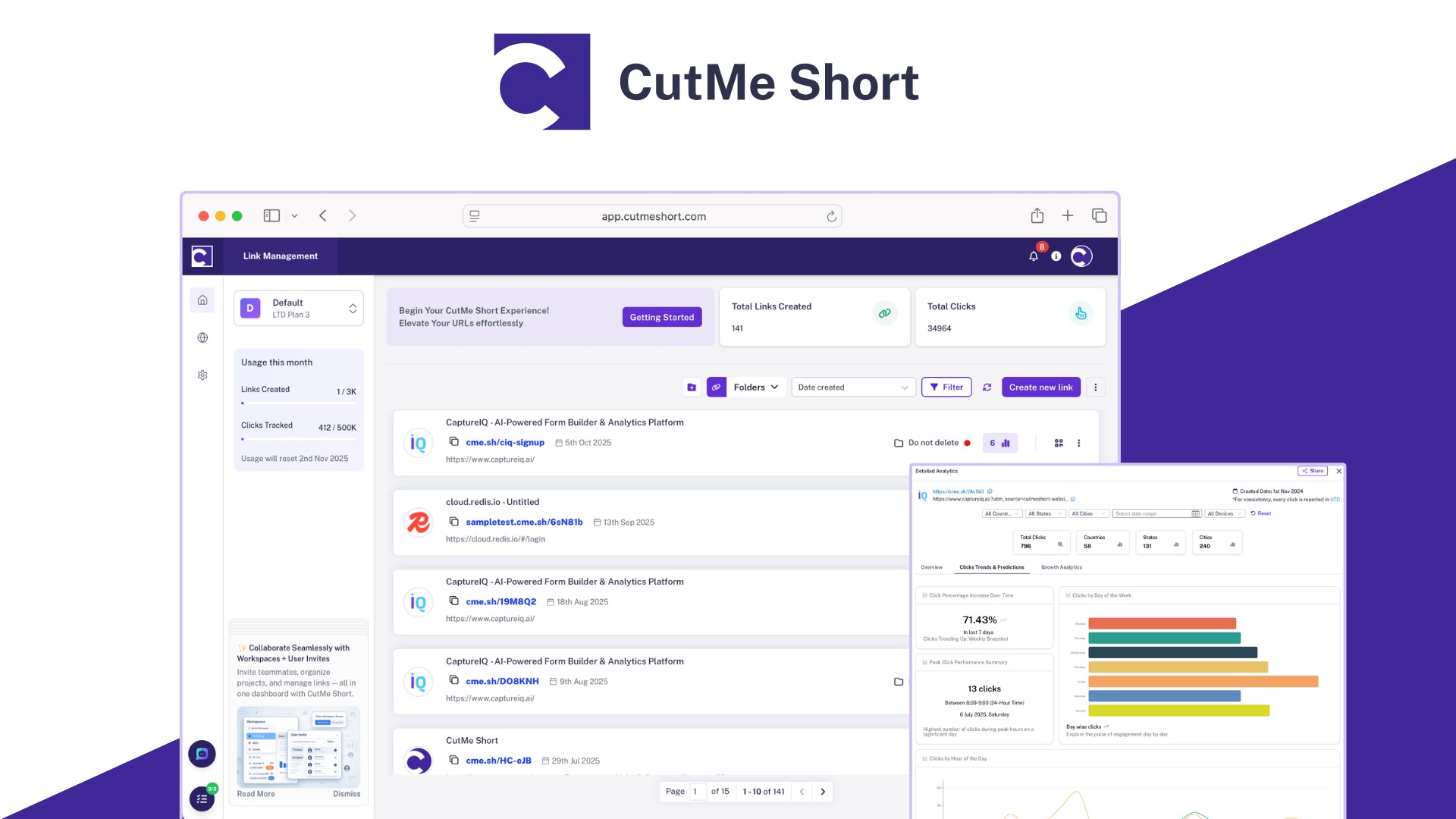 CutMe Short is a link management platform that turns long URLs into branded, trackable short links with click analytics, dynamic UTM parameters, QR co