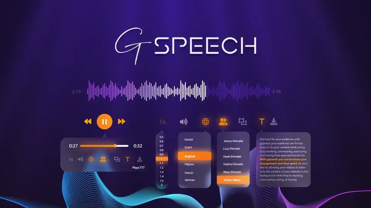 GSpeech is a cloud text-to-speech platform that narrates website pages using 230+ AI voices across 70+ languages, with embeds for WordPress, Shopify,