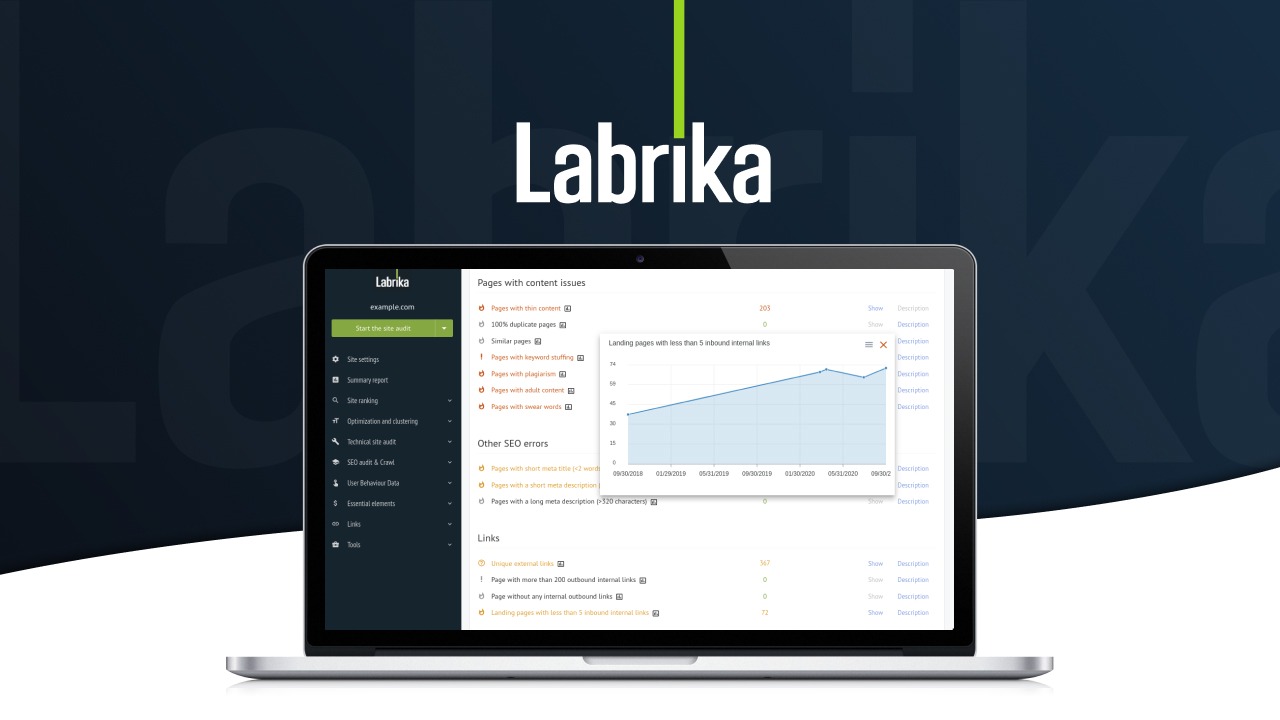 Labrika is an AI-assisted on-page and technical SEO platform that audits sites against 230+ ranking factors and tracks keyword positions.