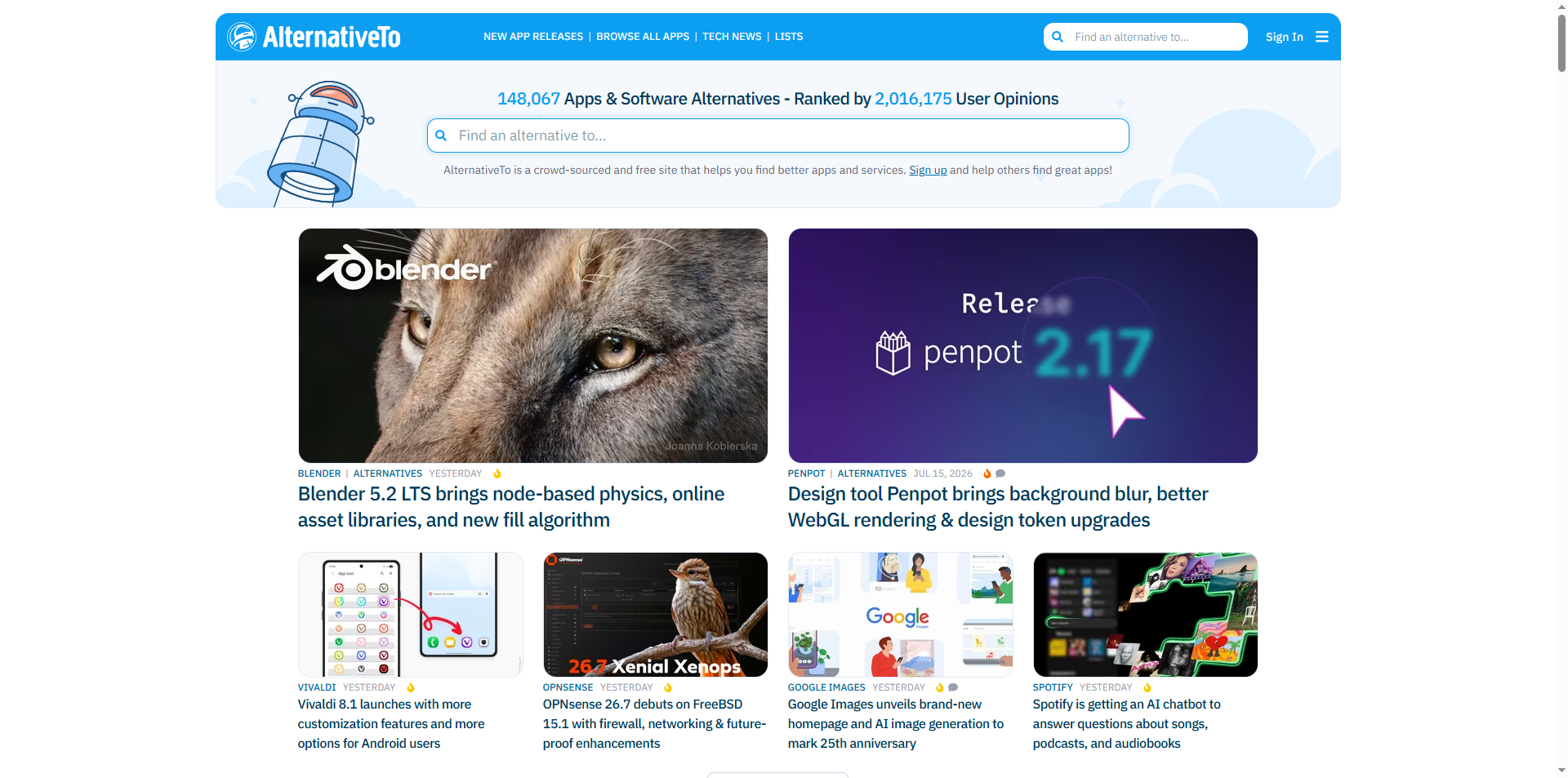 AlternativeTo homepage showing AI directory listing