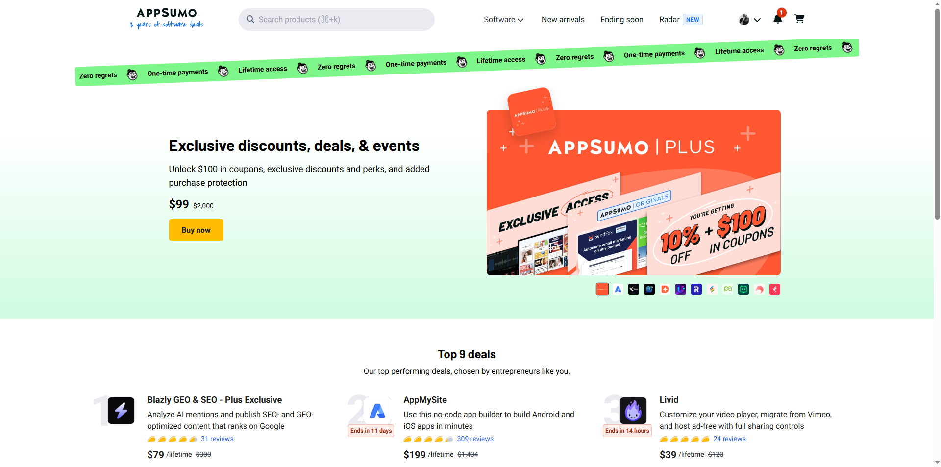 AppSumo homepage showing AI directory listing