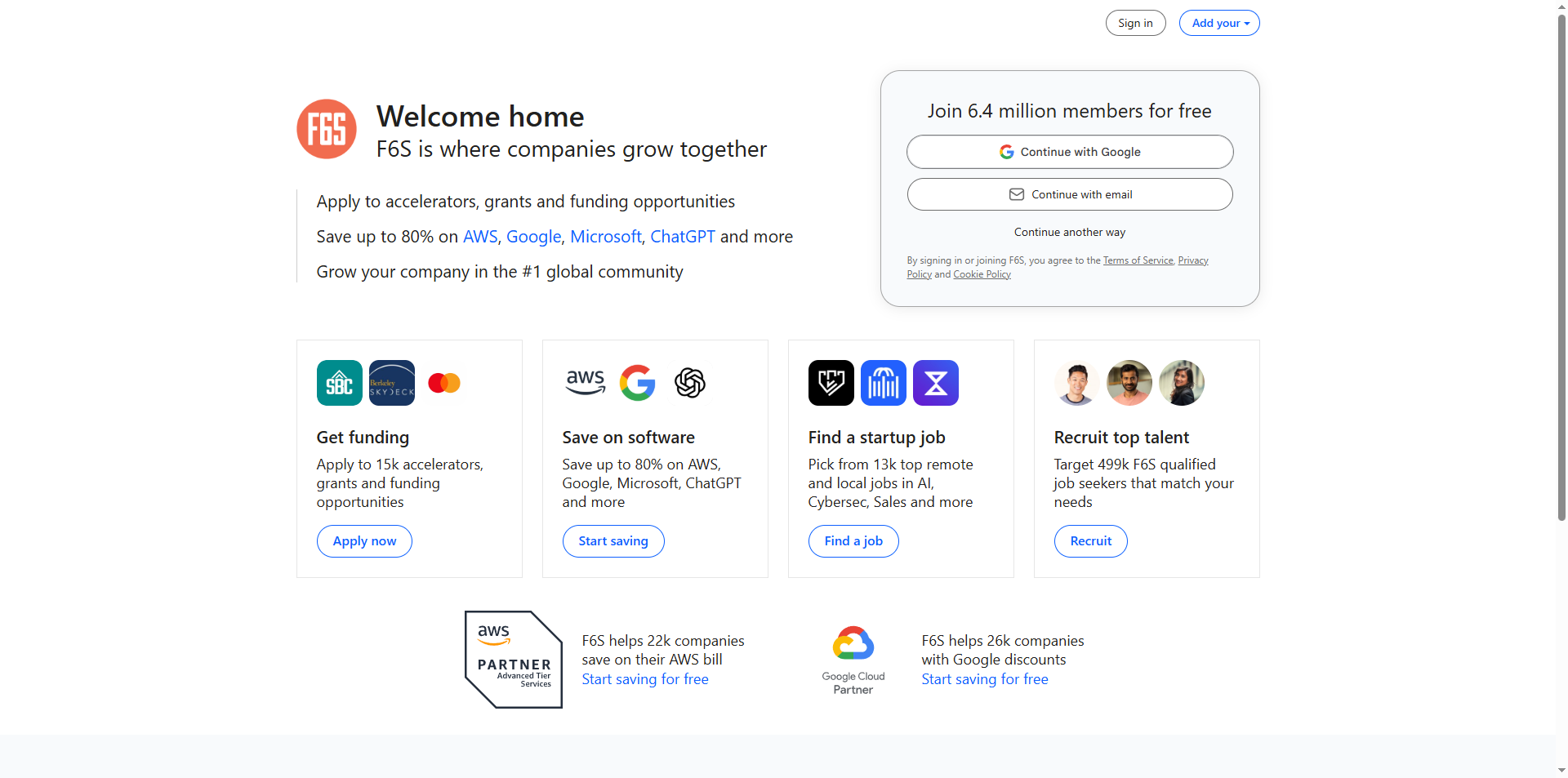 F6S homepage showing Business & Finance directory listing