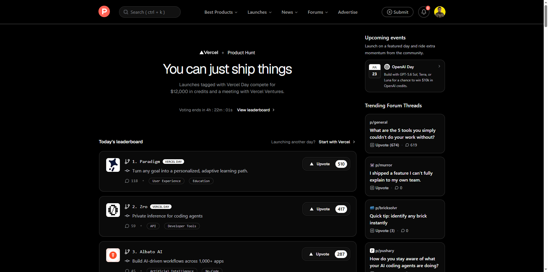 Product Hunt homepage showing Launch Platforms directory listing