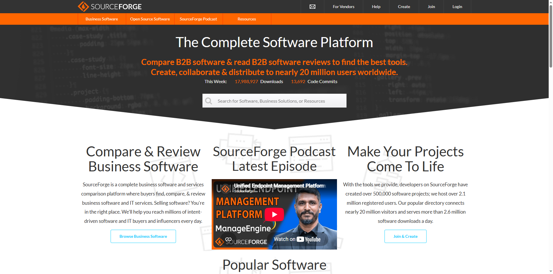 Source Forge homepage showing AI directory listing