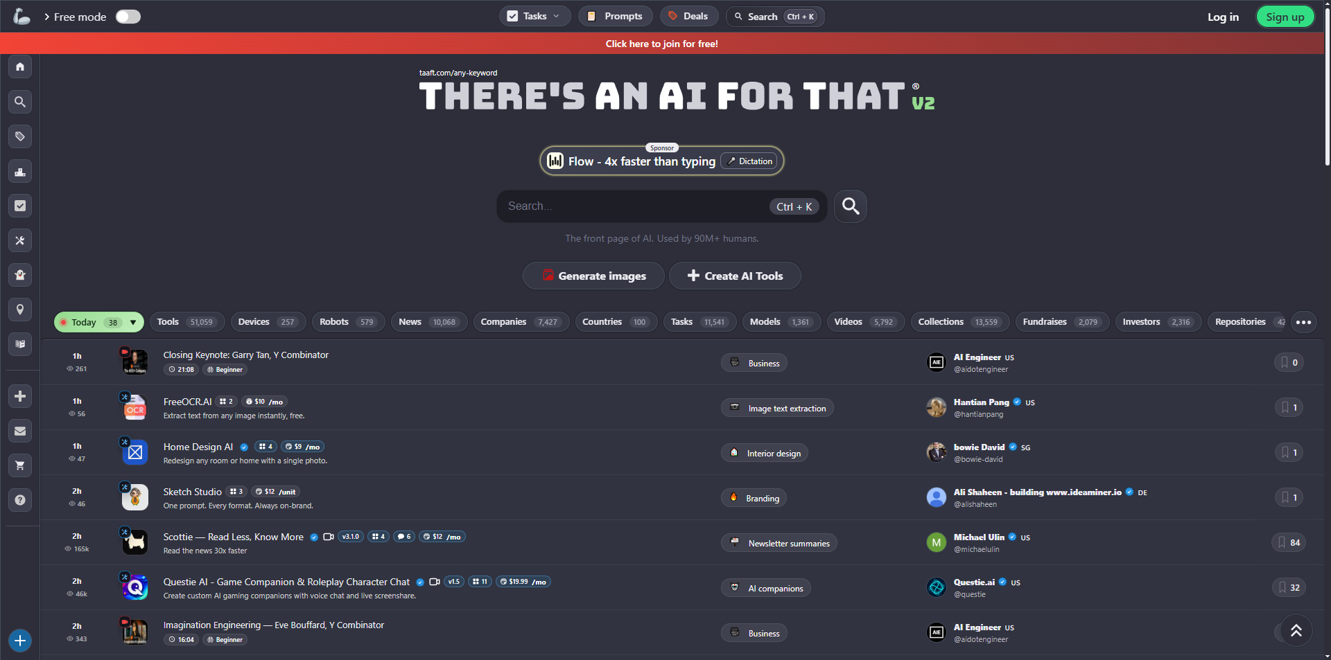 There's An AI For That homepage showing AI directory listing