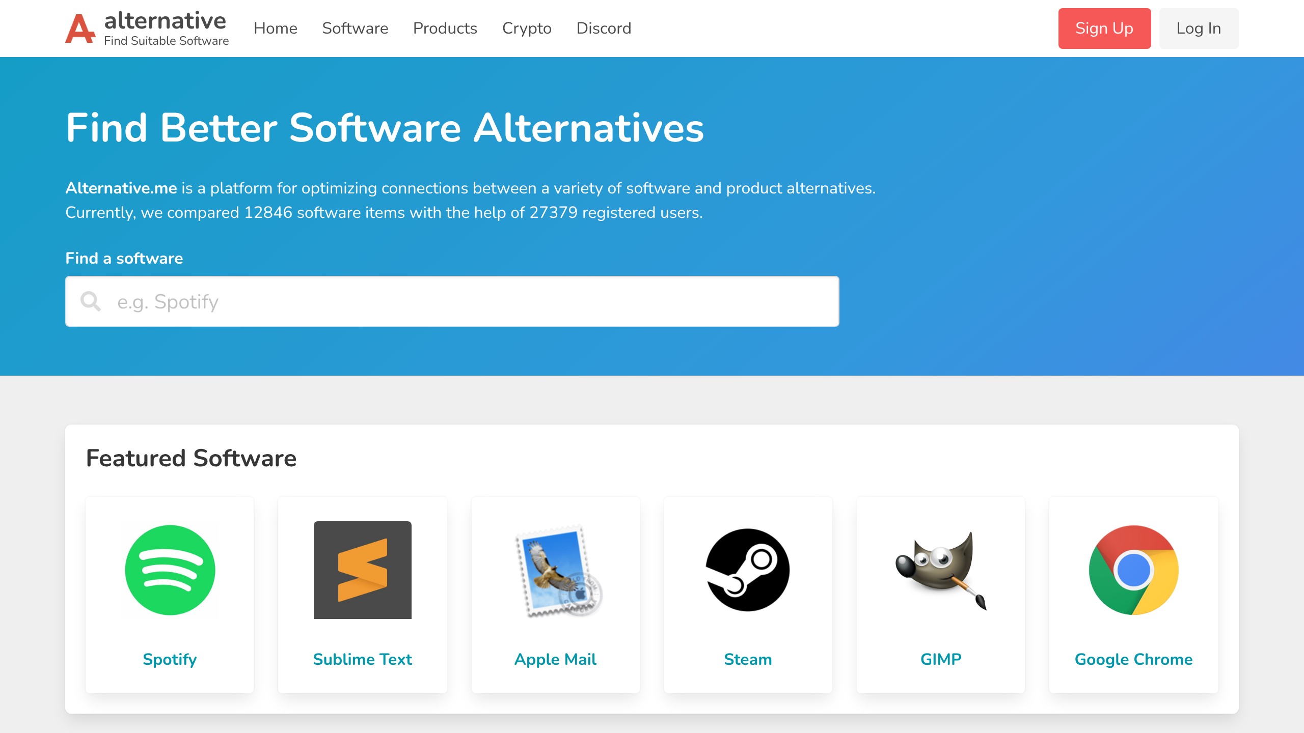 Alternative Me homepage showing AI directory listing