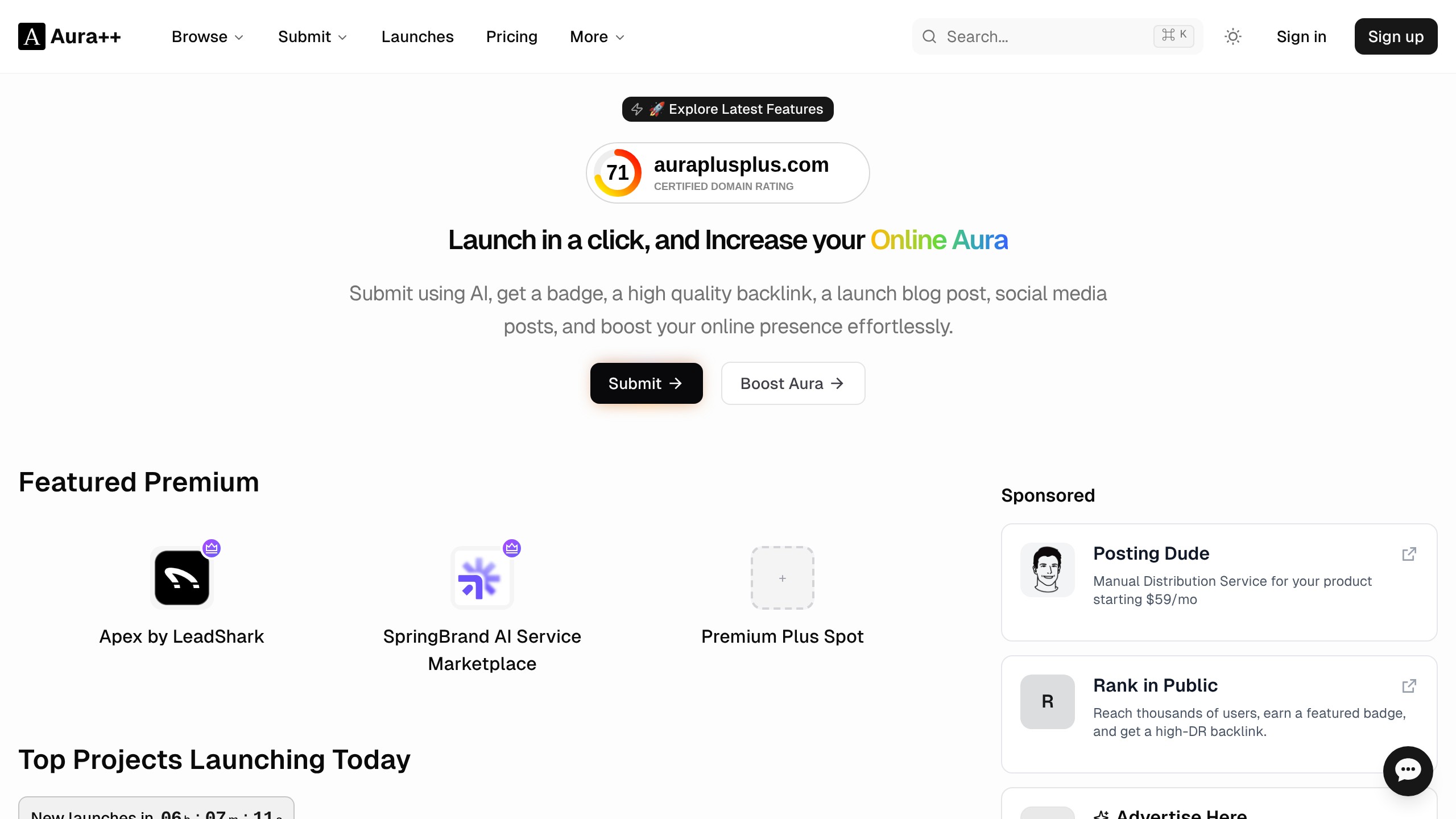 Aura ++ homepage showing AI directory listing
