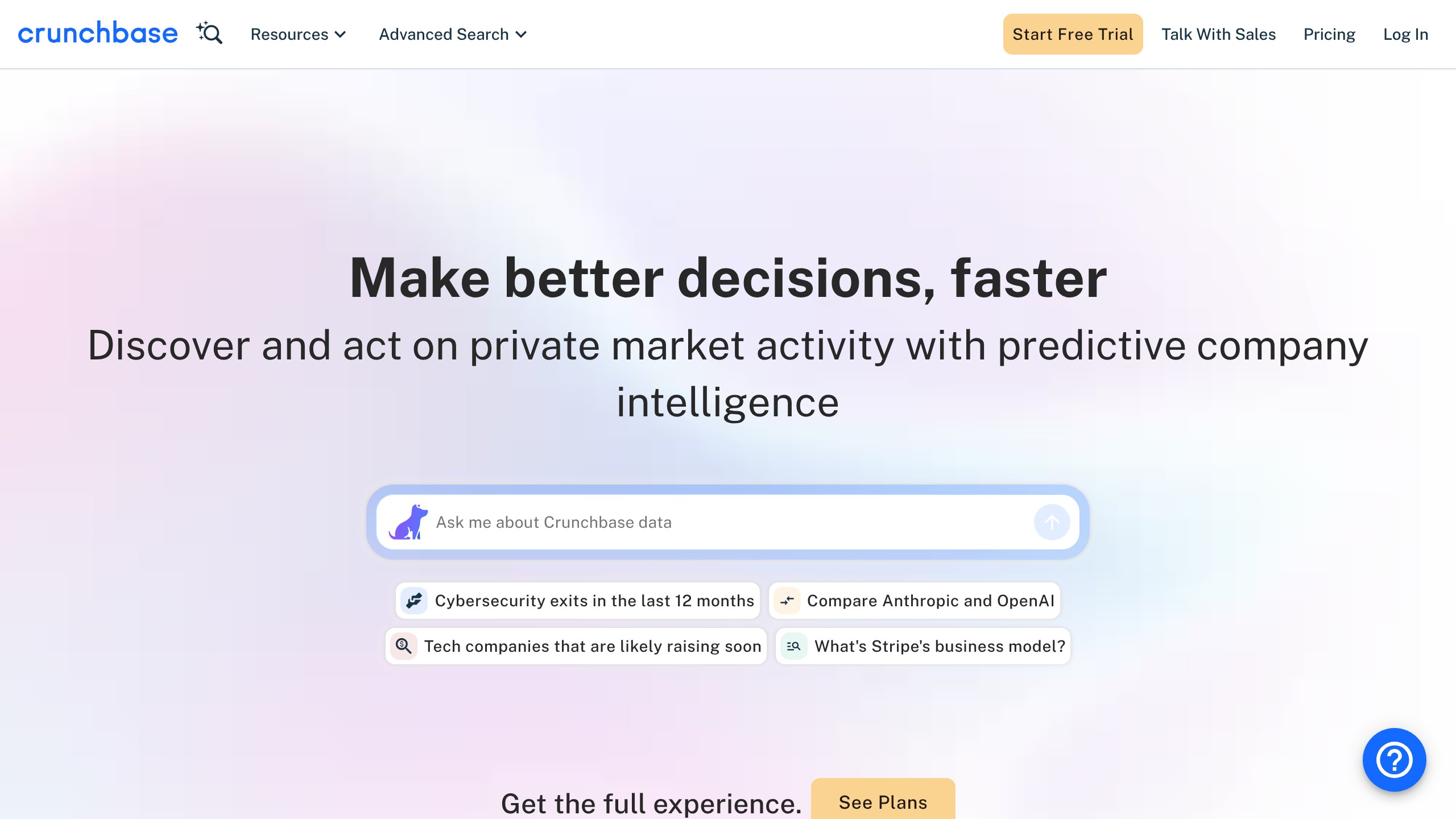 Crunchbase homepage showing AI directory listing