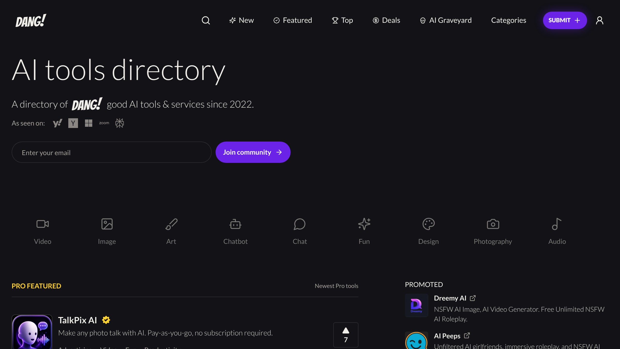 Dang AI homepage showing AI directory listing