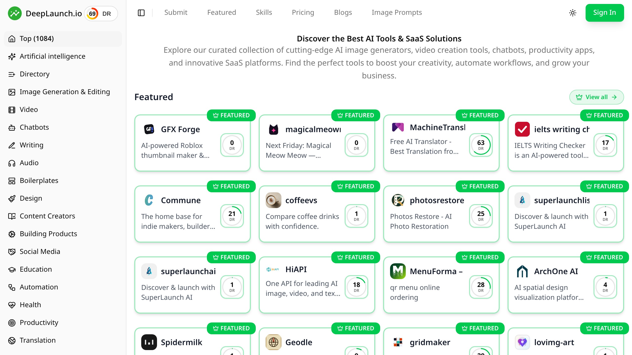 DeepLaunch homepage showing Productivity directory listing