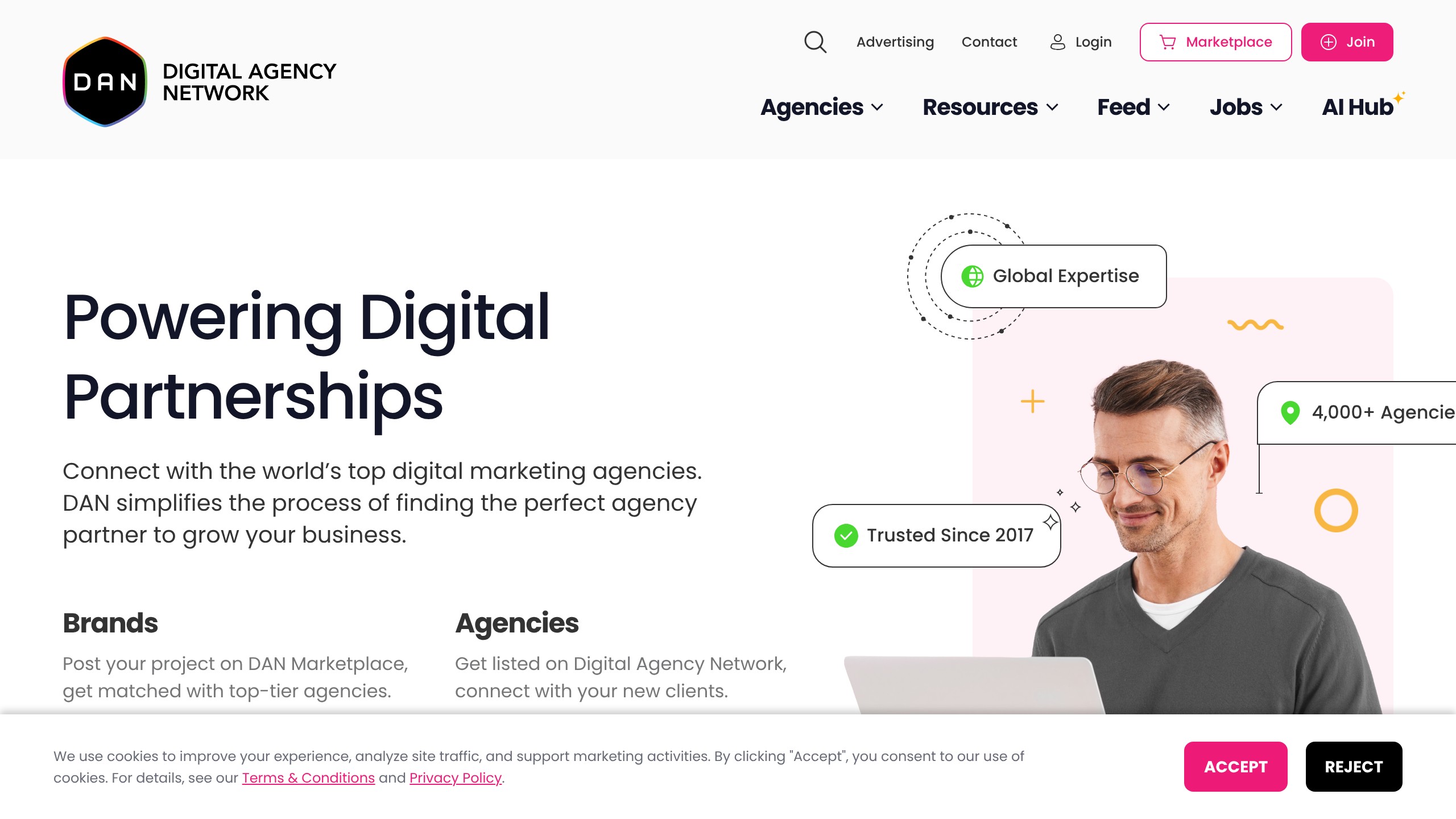 Digital Agency Network homepage showing Digital Marketing Agencies directory listing