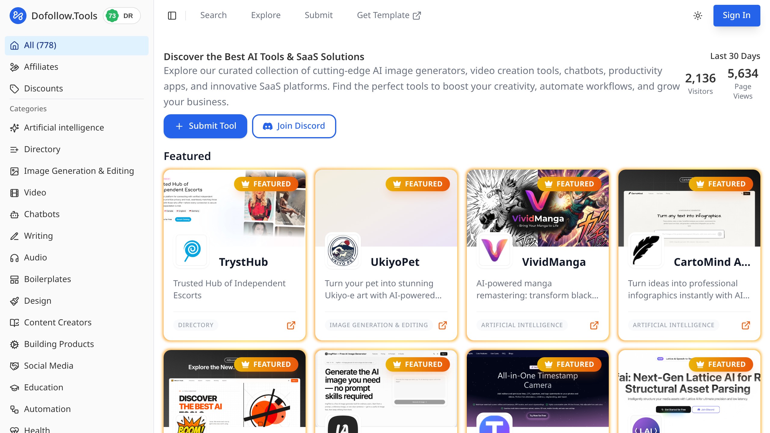 Dofollow Tools homepage showing Productivity directory listing