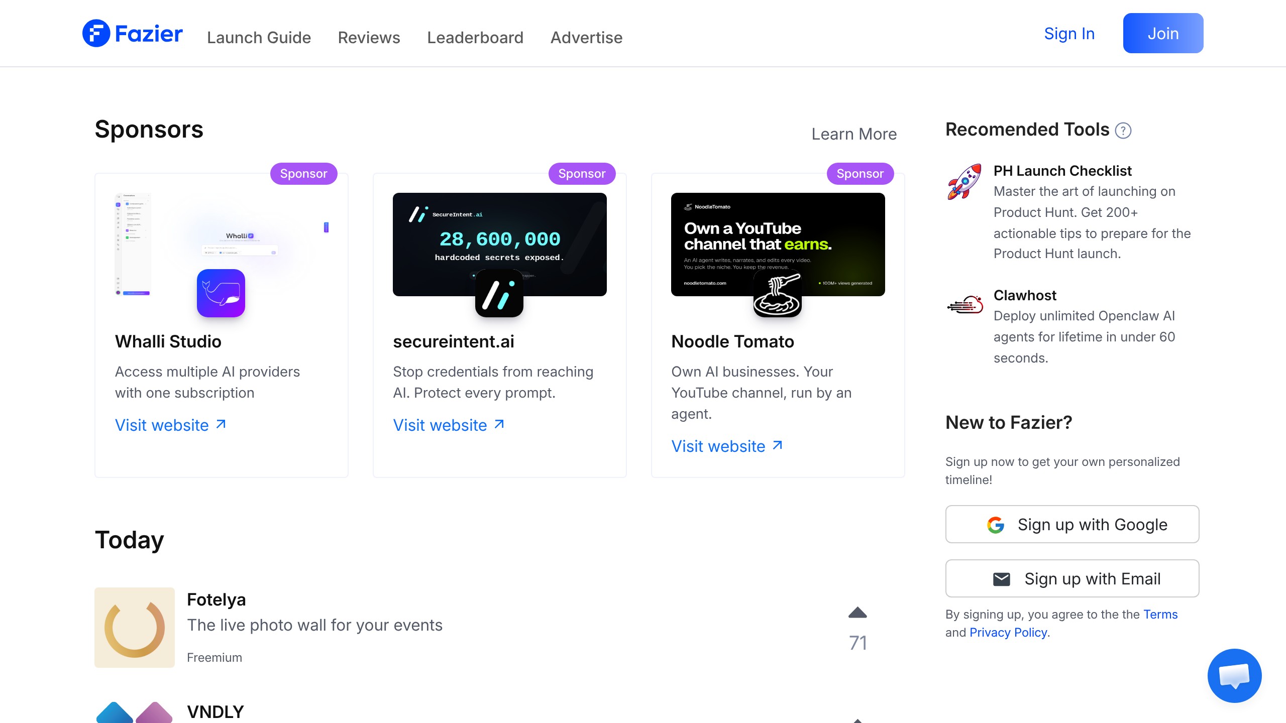Fazier homepage showing AI directory listing