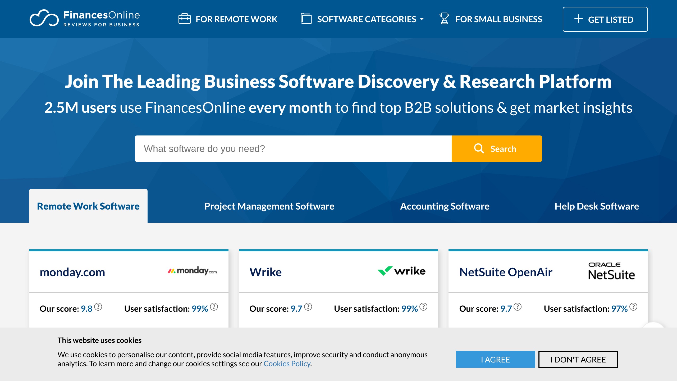 FinancesOnline homepage showing AI directory listing