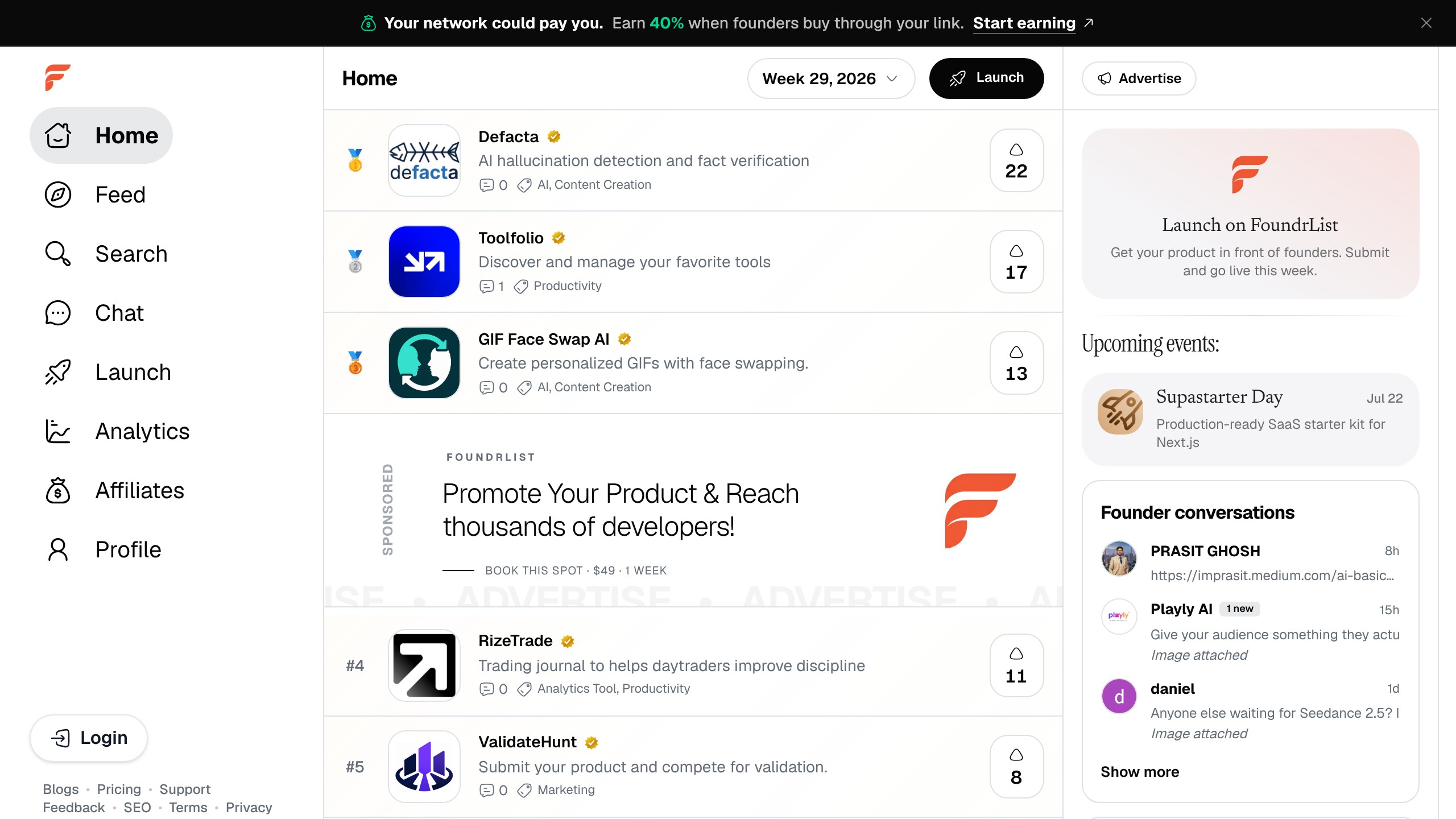 FoundrList homepage showing Productivity directory listing