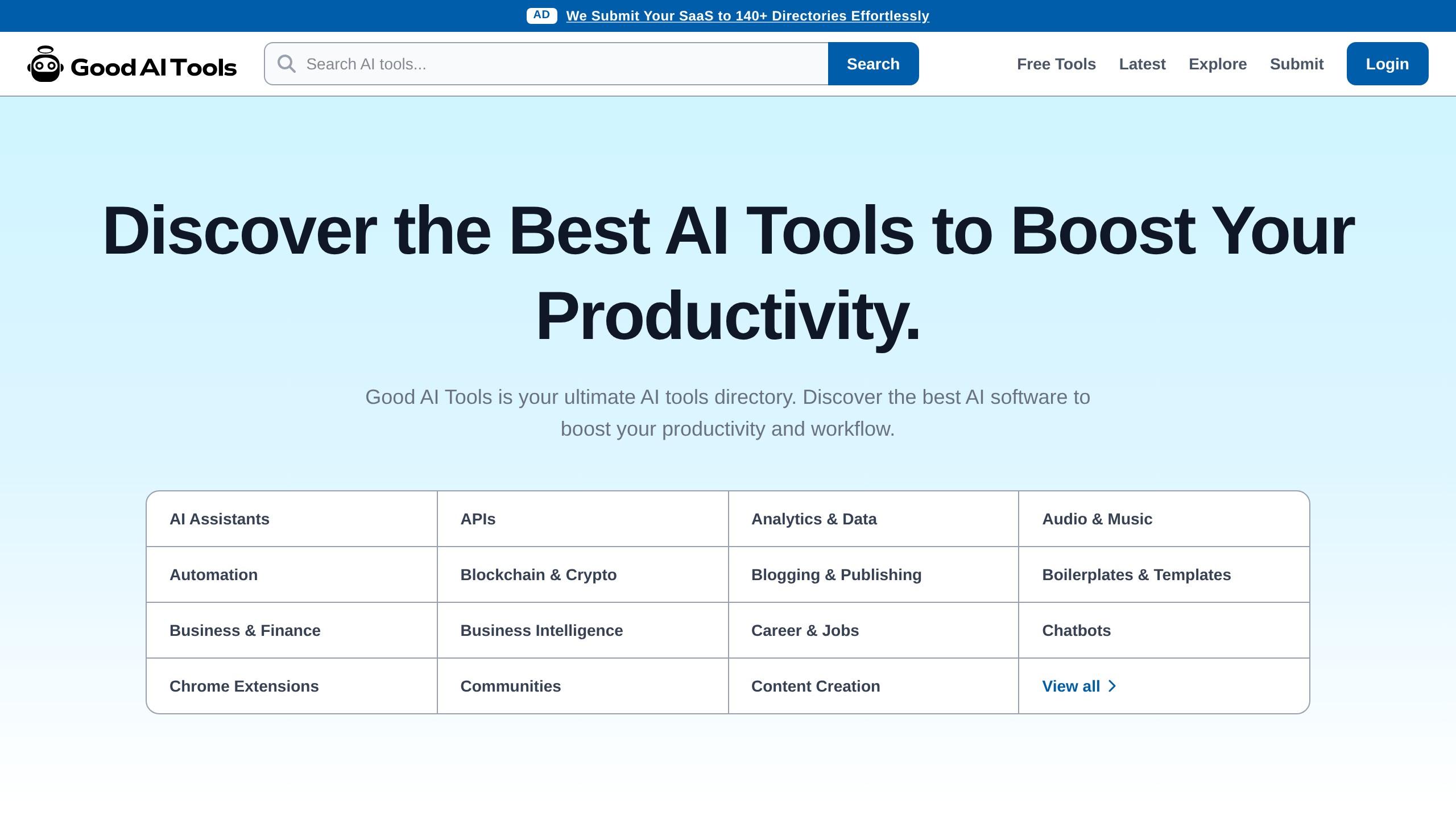 Good AI Tools homepage showing Productivity directory listing