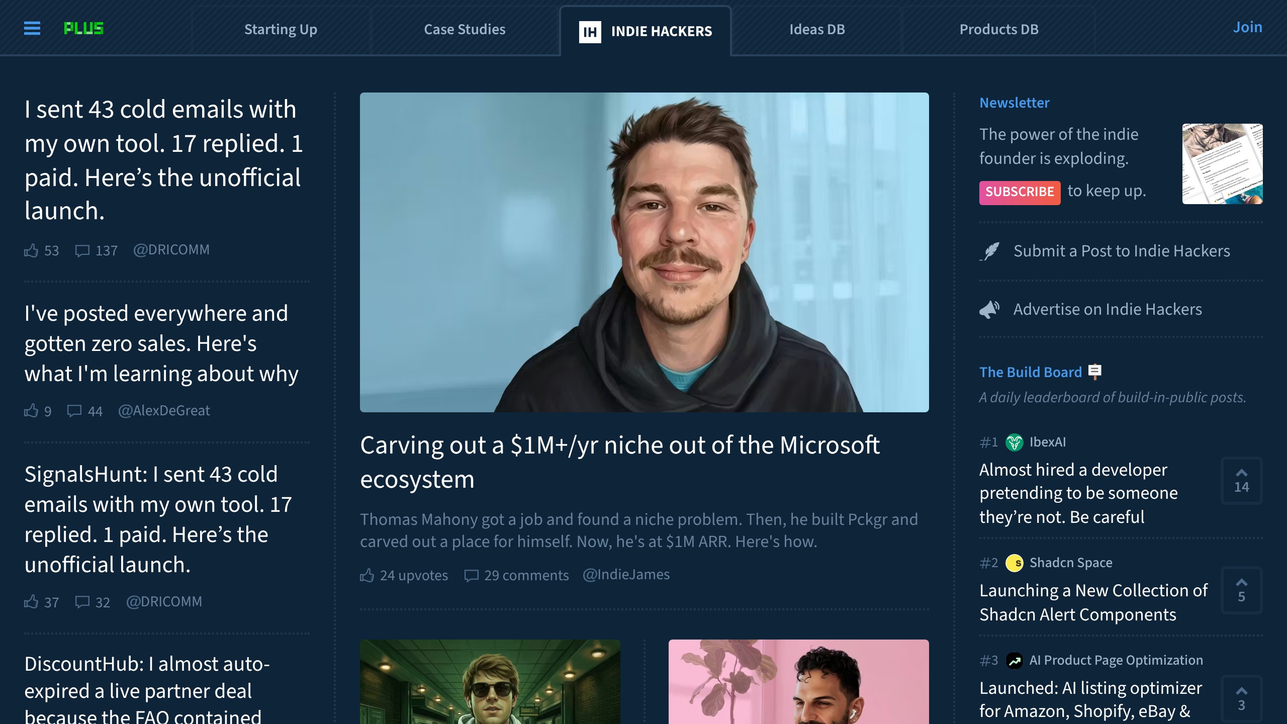 Indie Hackers homepage showing AI directory listing
