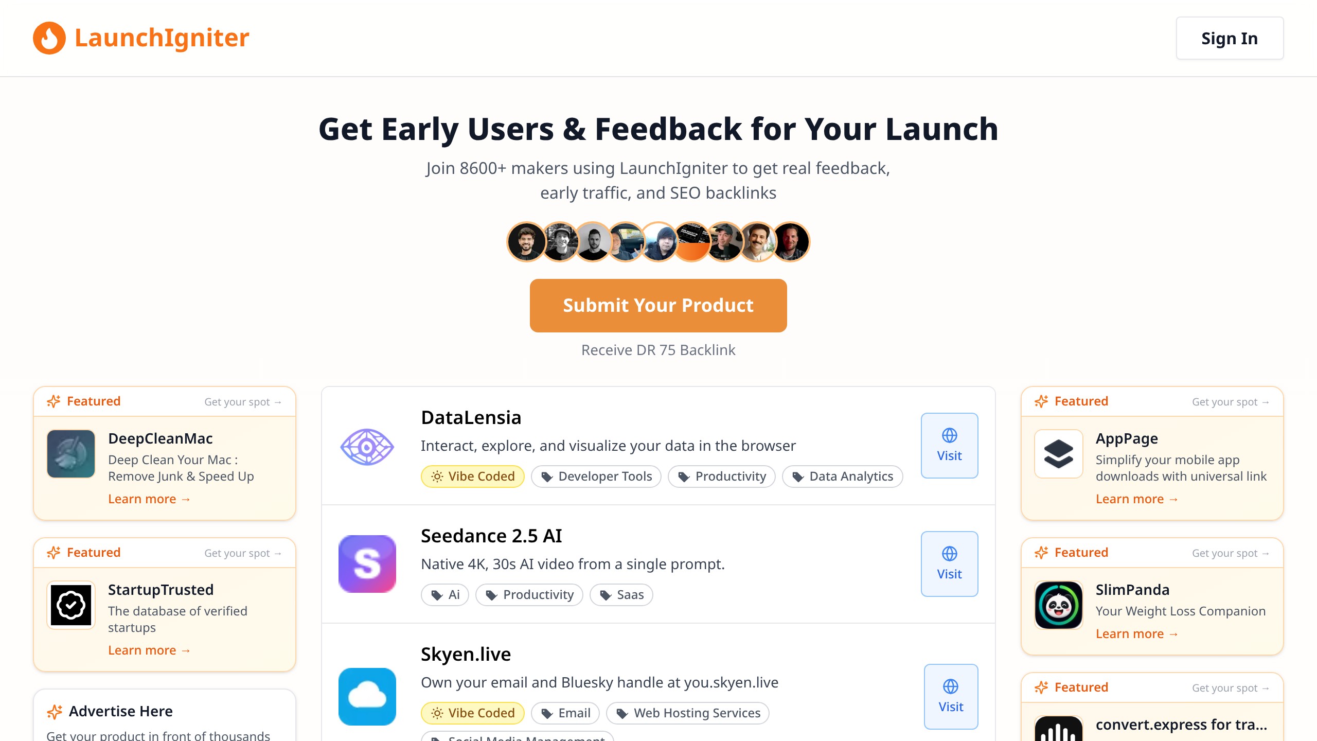 LaunchIgniter homepage showing Launch Platforms directory listing