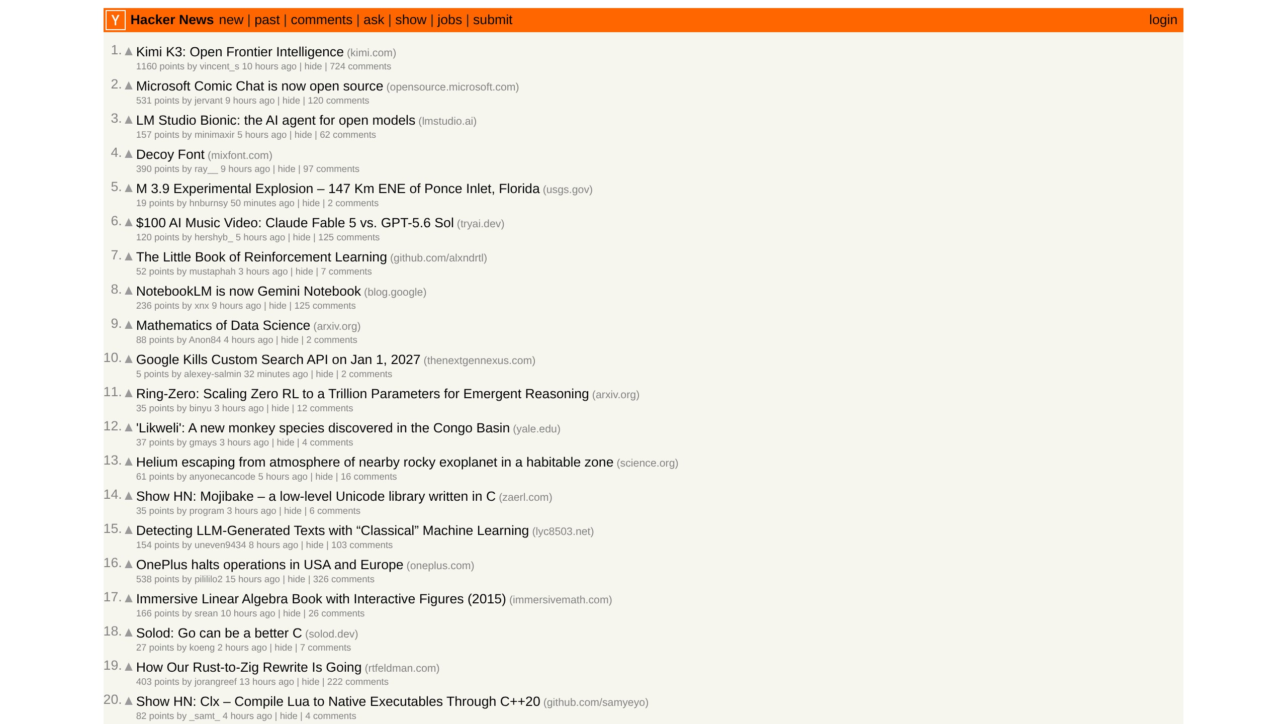 Hacker News homepage showing AI directory listing